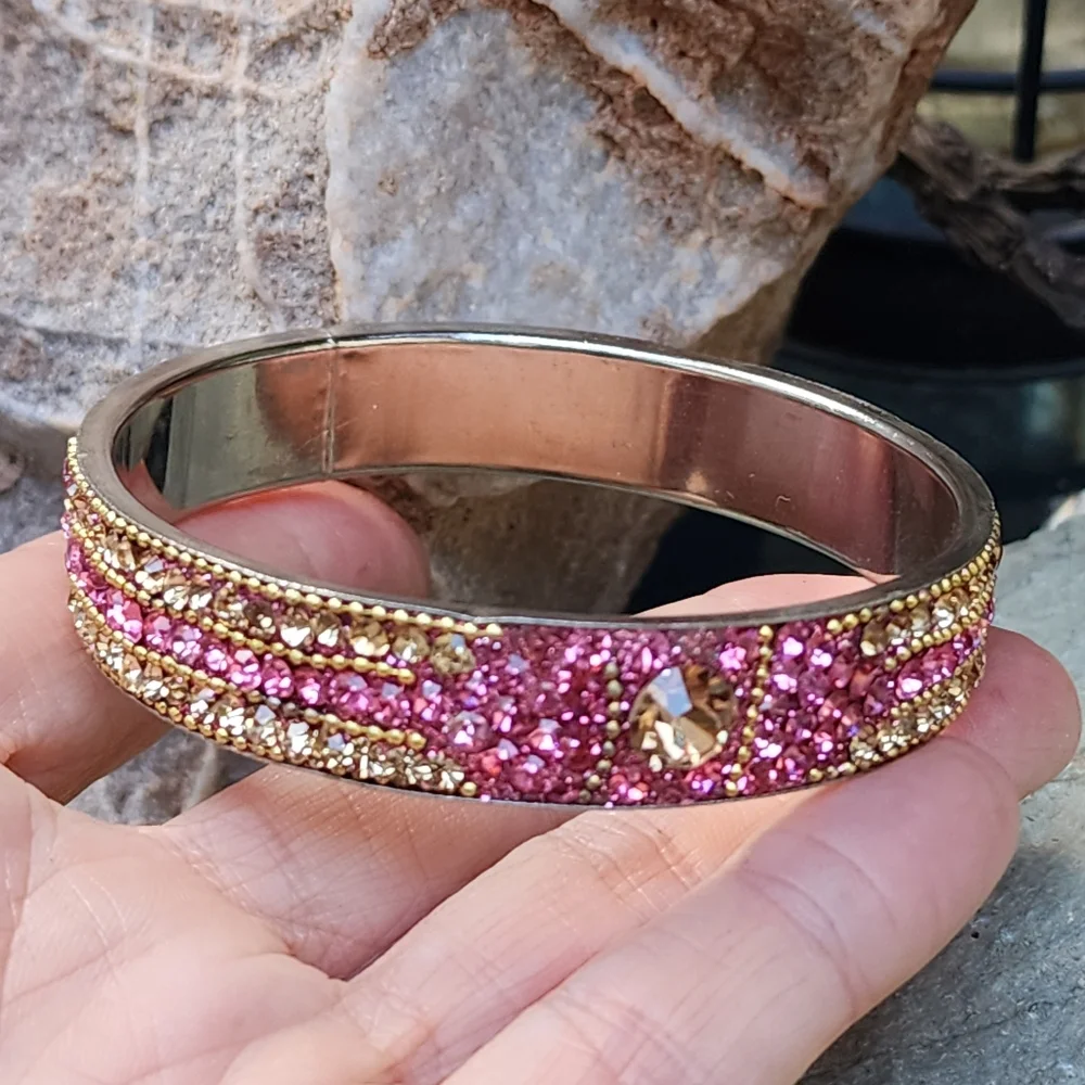 ❤️ Sparkling Hot Pink Crystals Silver Bracelet Wide Indian Bangle jewelry